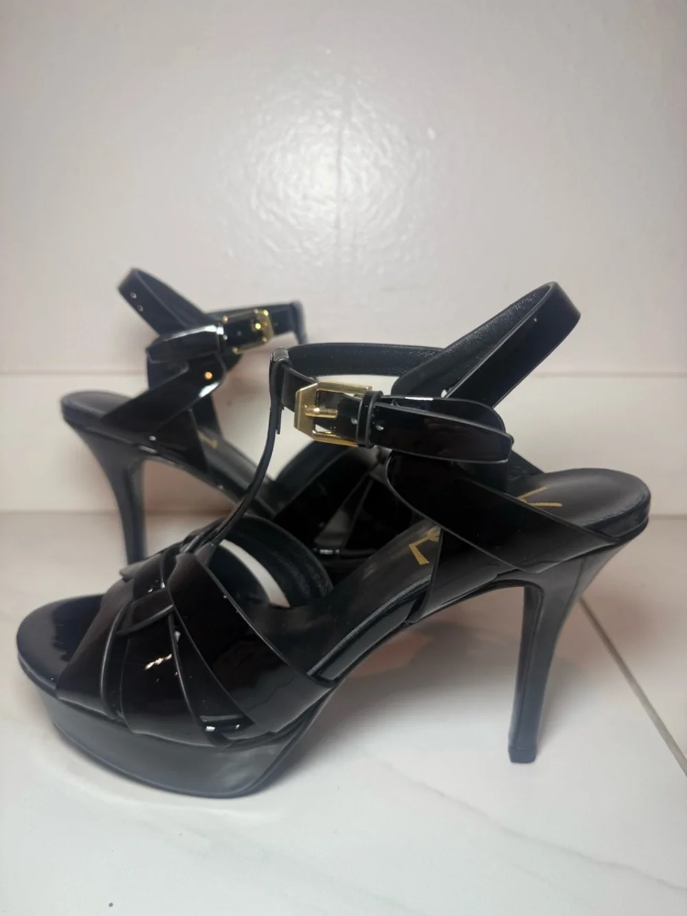 Yves Saint Laurent Black Patent Leather T-Strap Platform Heels with Gold Buckle - Picture 4 of 9